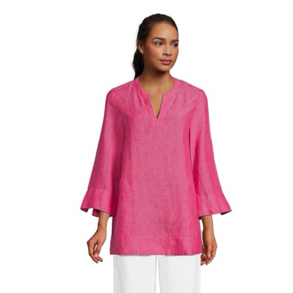 Lands End Pink Linen Blend Split Neck 3/4 Sleeve Tunic Top Small New Summer
